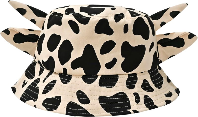 QANQIUPLE Cow Print Bucket Hat with Cute Horn Ears Cow Print Summer Beach Sun Hat Fisherman's Cow Bucket Hat - Image 1